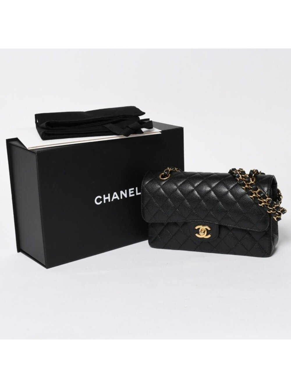 Chanel Quilted 23 Double Flap Chain Shoulder Bag CC Logo Caviar Leather Black